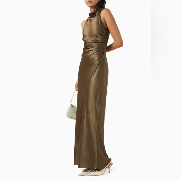 house of harlow brown satin dress Cowl Criss Cross Back Maxi Size:8 1/2 Medium